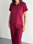 Osy Modal Yumuşak Dokulu Kumaş Kısa Kollu Yakalı T-shirt Pantalon Ikili Takım- Bordo resmi